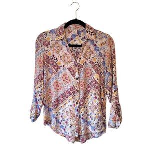 Raga Anthropologie Women's White Metallic Floral Boho Button Down Shirt Size S
